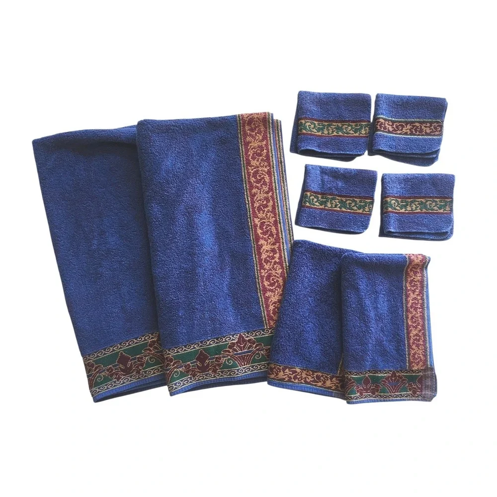 8 Piece Royal Velvet by Fieldcrest Blue Florentine Towel Set 90's VTG USA